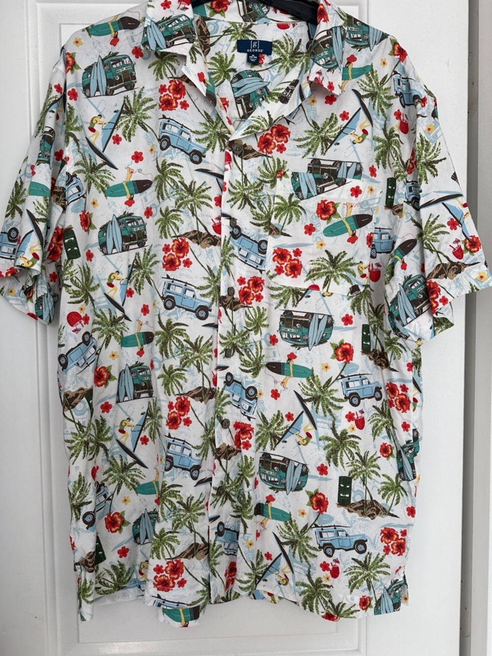 George Short-Sleeve Hawaiian Shirt in White, Teal & Red